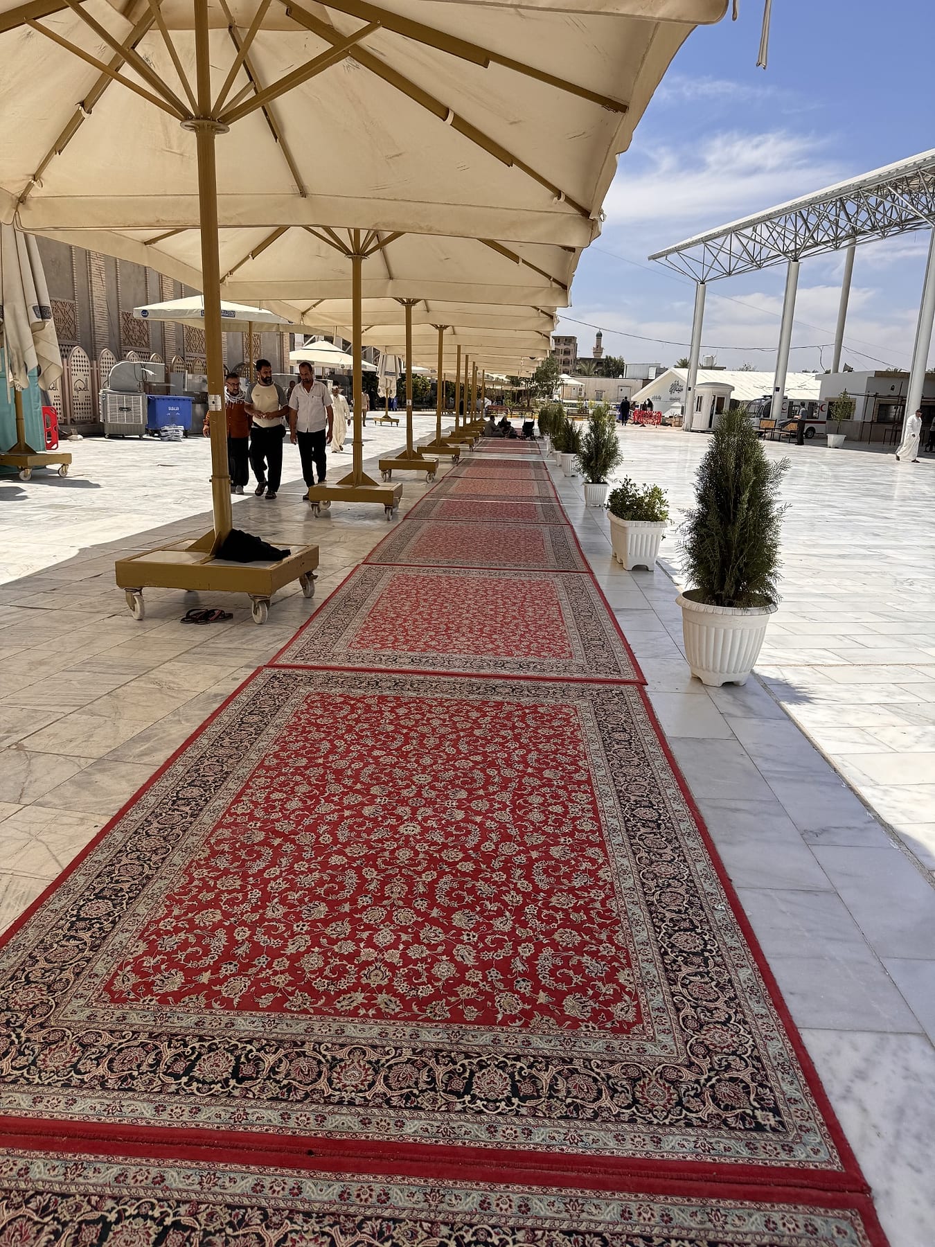 A shaded walkway lined with umbrellas and a long red carpet runner